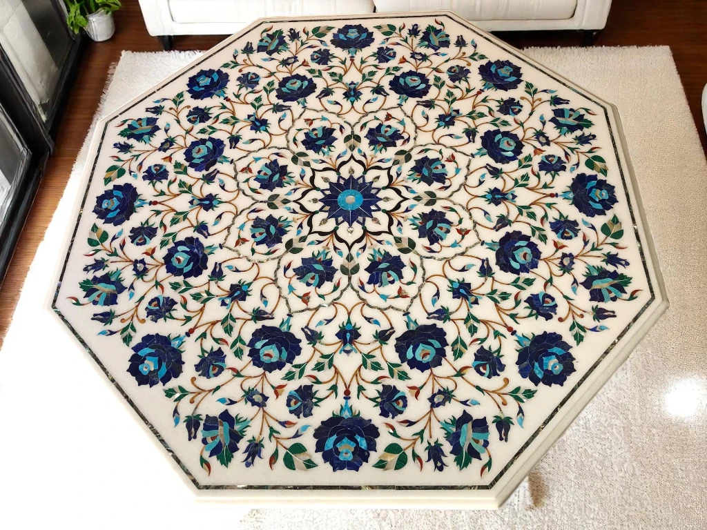 Marble Top End Coffee Table – Floral Lapis & Turquoise Inlay Gemstone Design